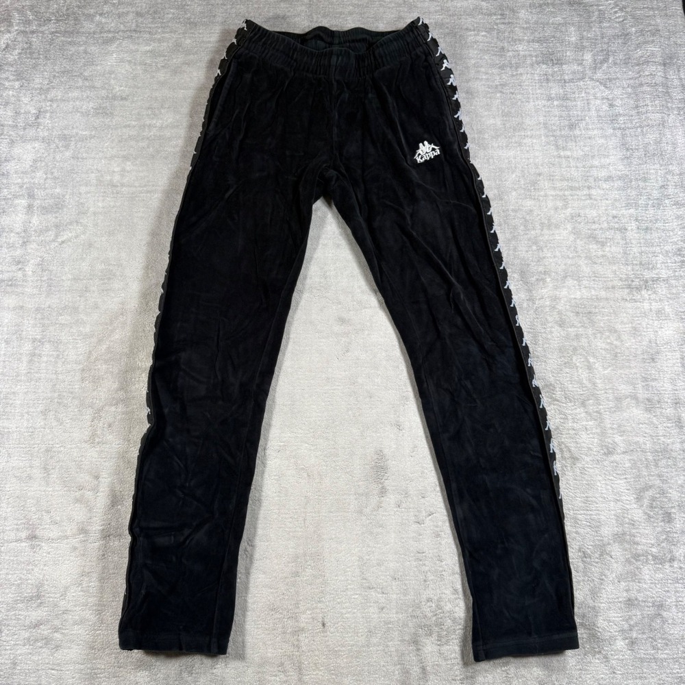 Kappa Track Pants Women Small Black Velour Snap Button Side Tape Streetwear